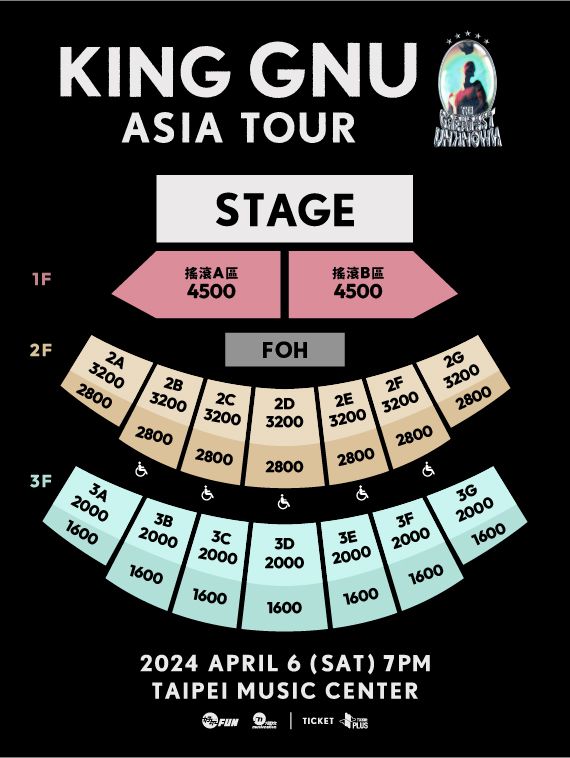 King Gnu演唱會台北2024｜1.14加場購票連結、發售日期、門票、座位表