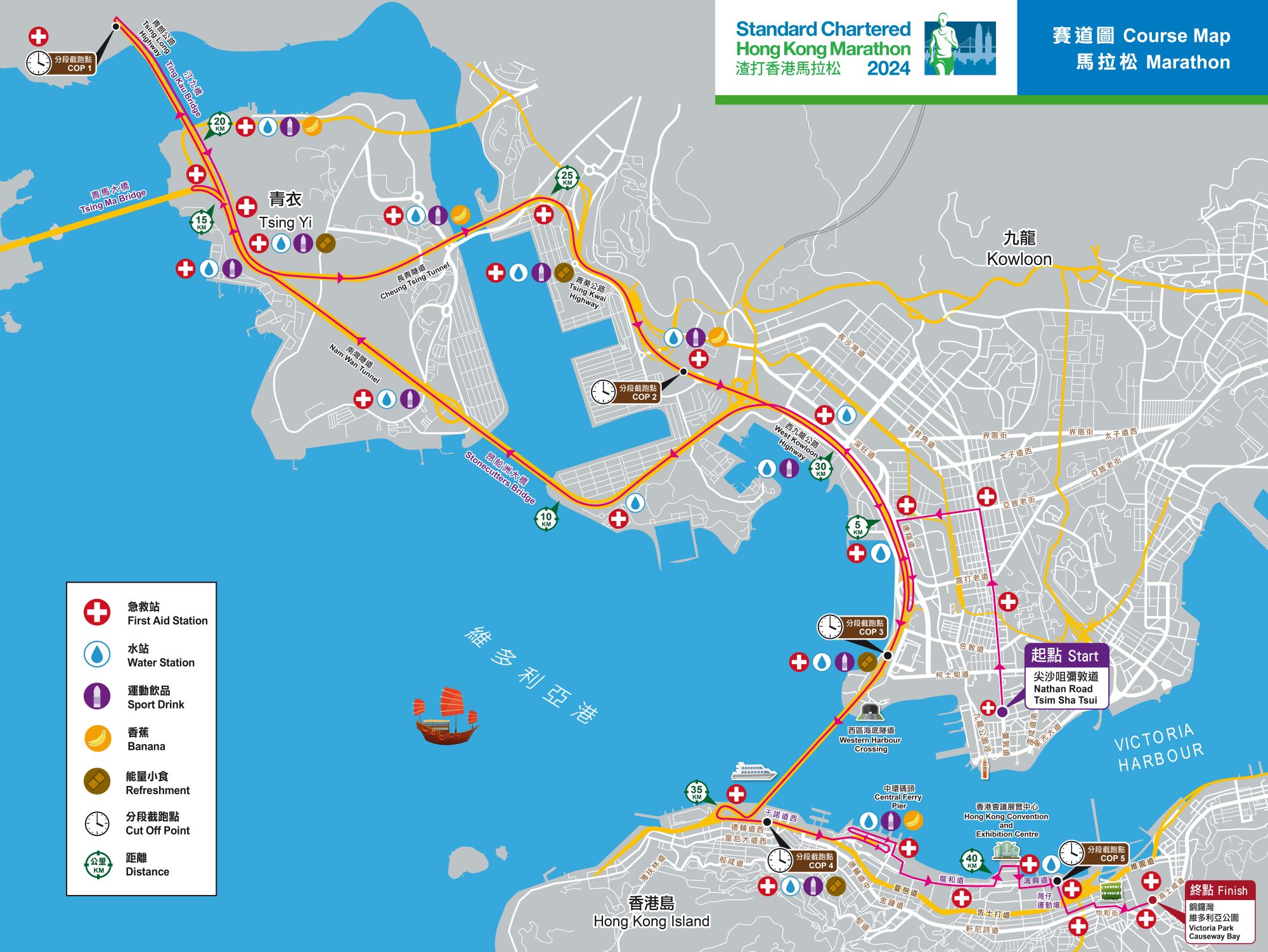 渣打香港馬拉松2024｜起點、起步時間、賽道路線圖